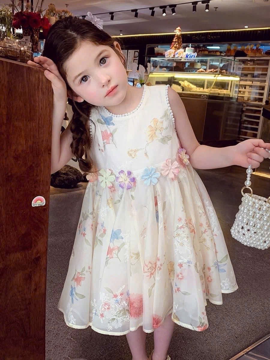 Váy hoa voan đính bông eo bé gái