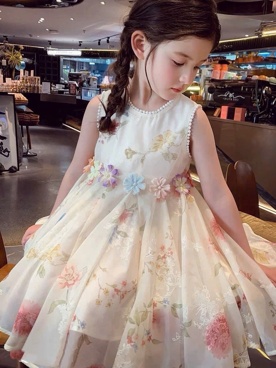 Váy hoa voan đính bông eo bé gái