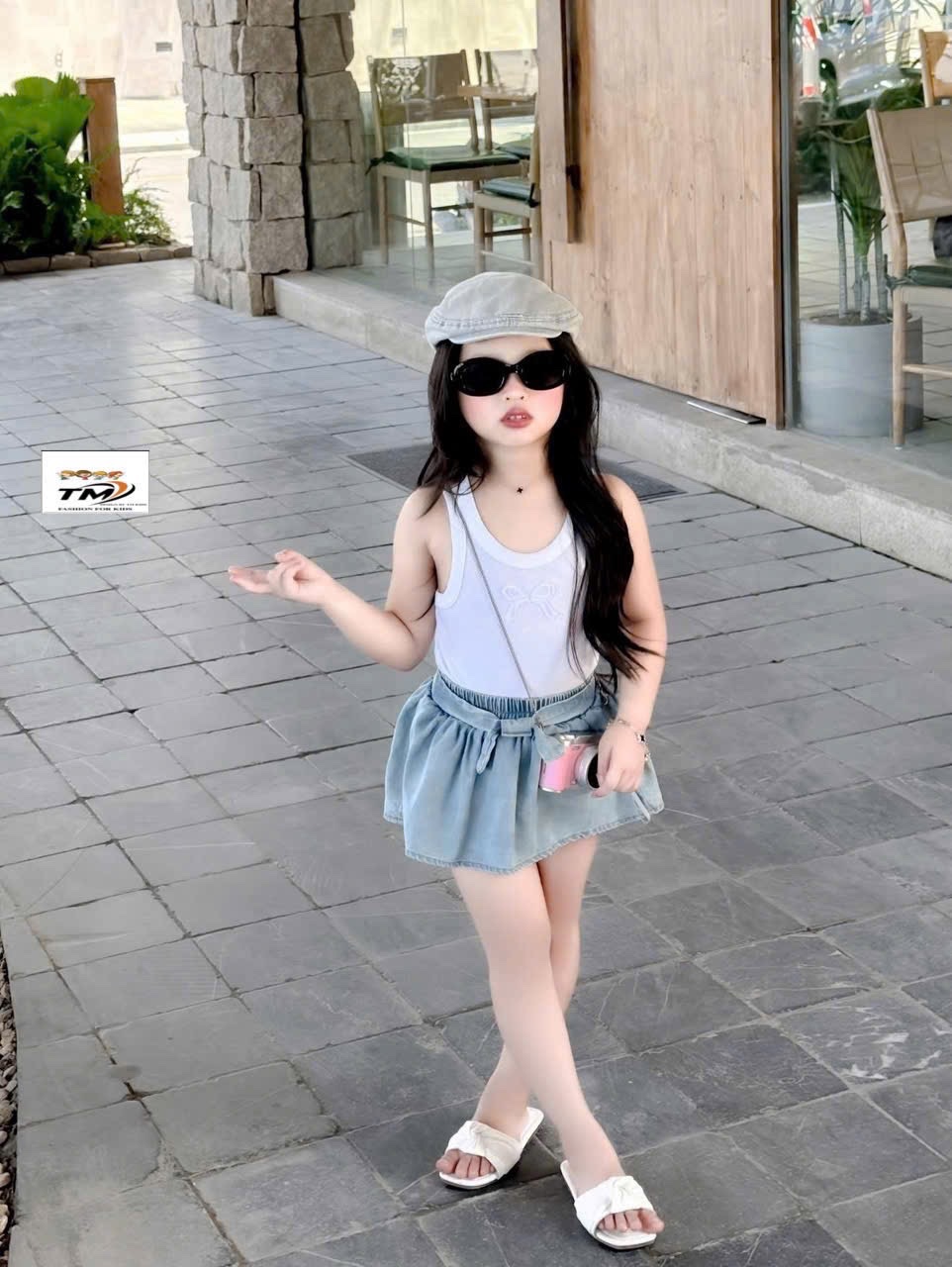 Sét áo sát nách nơ thêu cv bò xanh đen bé gái