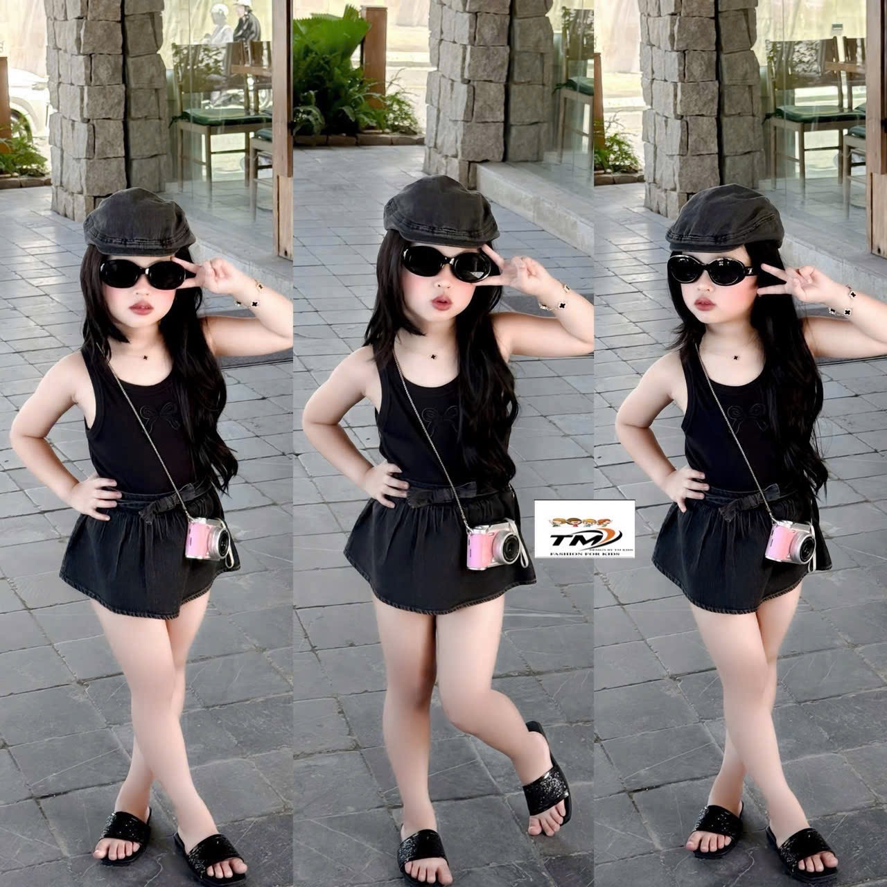 Sét áo sát nách nơ thêu cv bò xanh đen bé gái