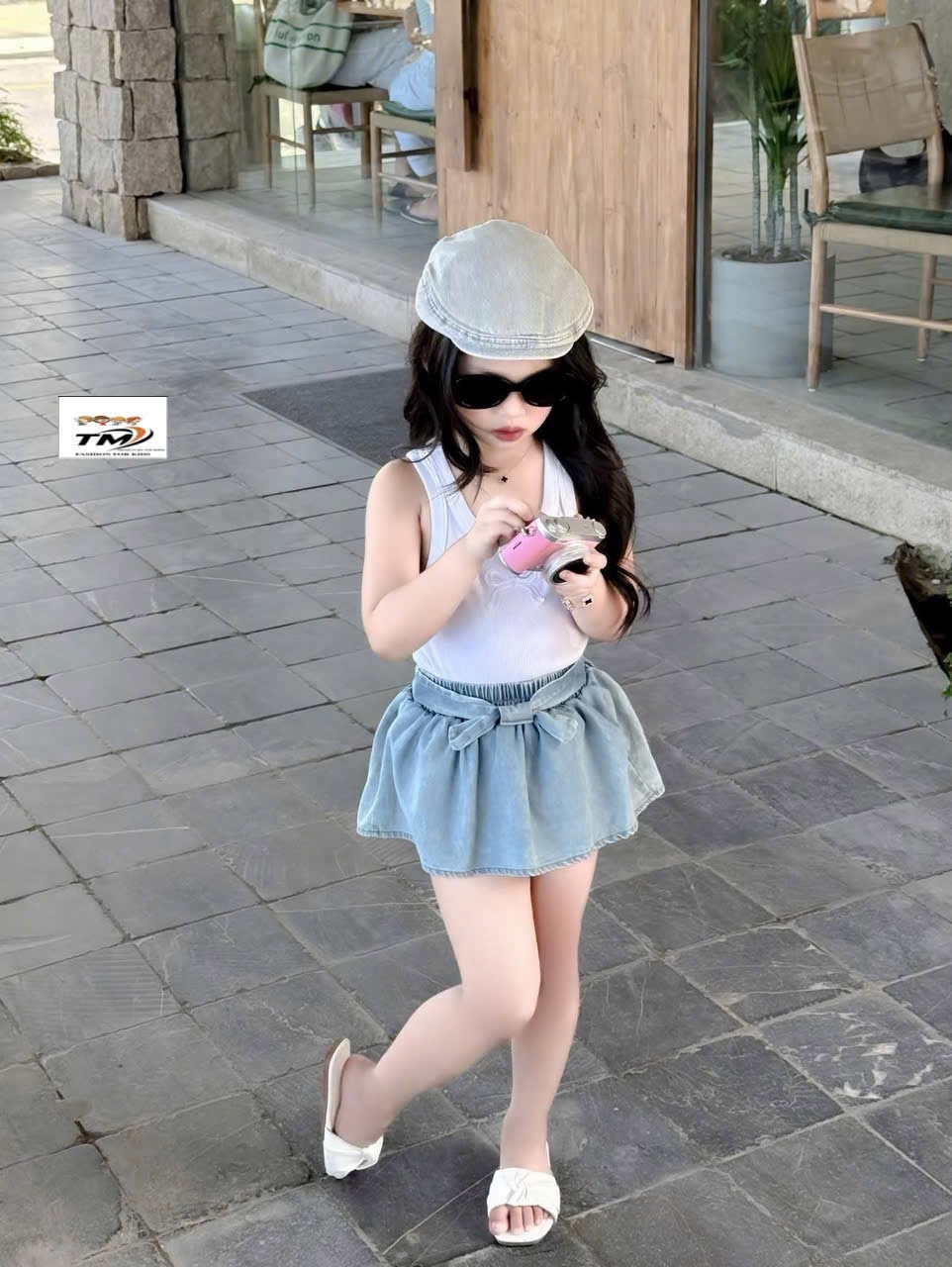 Sét áo sát nách nơ thêu cv bò xanh đen bé gái