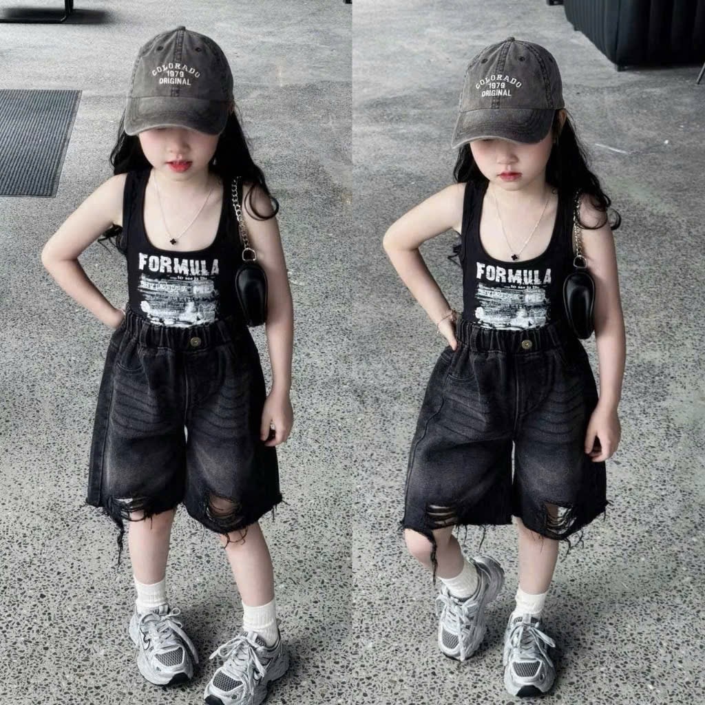 Sét áo fomula sát nách quần bò lỡ bé gái