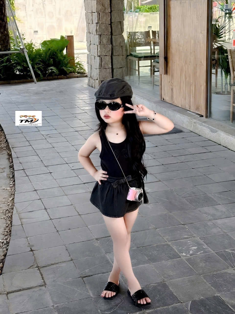 Sét áo sát nách nơ thêu cv bò xanh đen bé gái