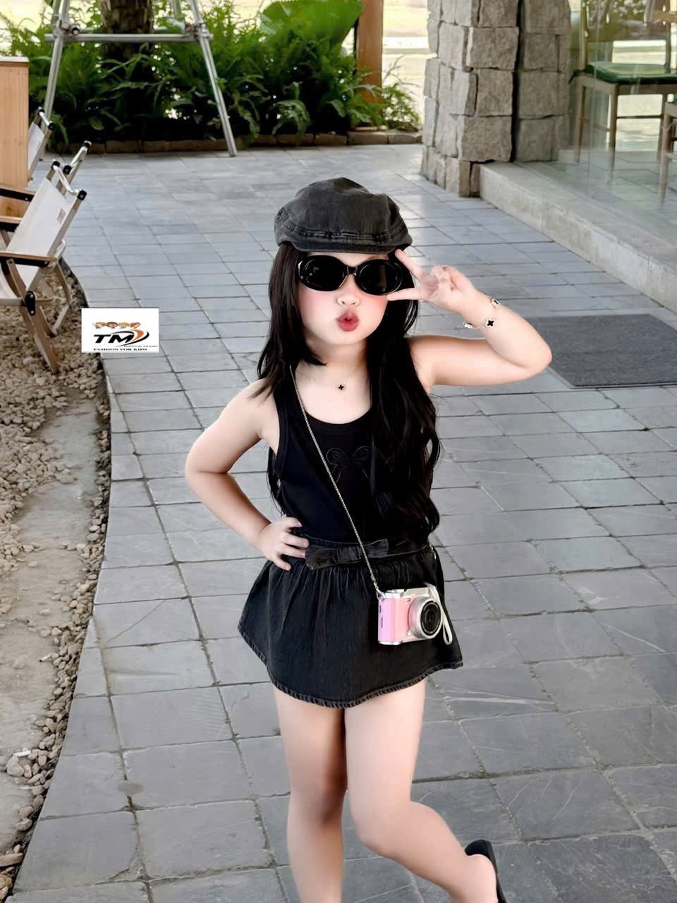 Sét áo sát nách nơ thêu cv bò xanh đen bé gái