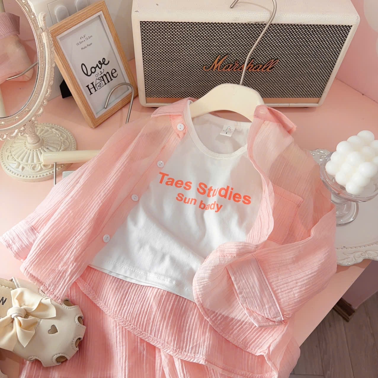 Sét 2 chi tiết áo hồng quần dài sn cho bé gái
