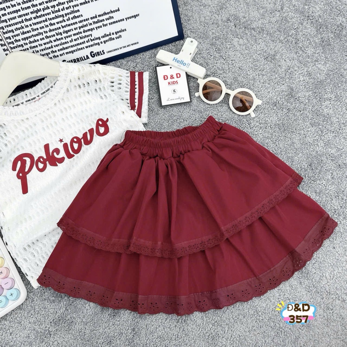 Sét 3 chi tiết áo lưới cv đỏ dh bé gái