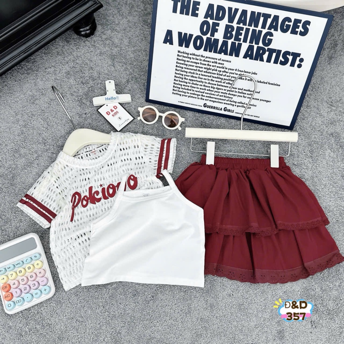 Sét 3 chi tiết áo lưới cv đỏ dh bé gái