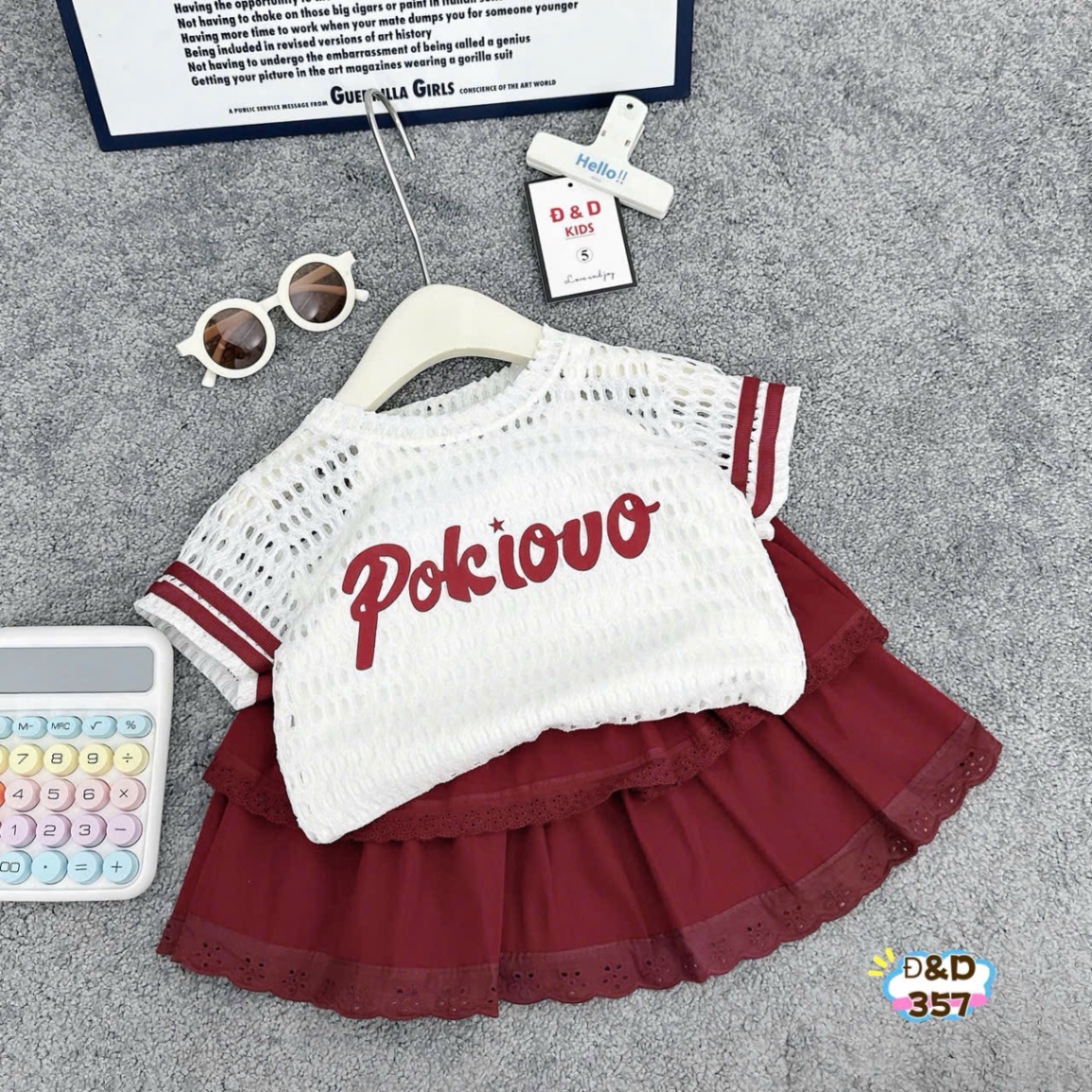 Sét 3 chi tiết áo lưới cv đỏ dh bé gái