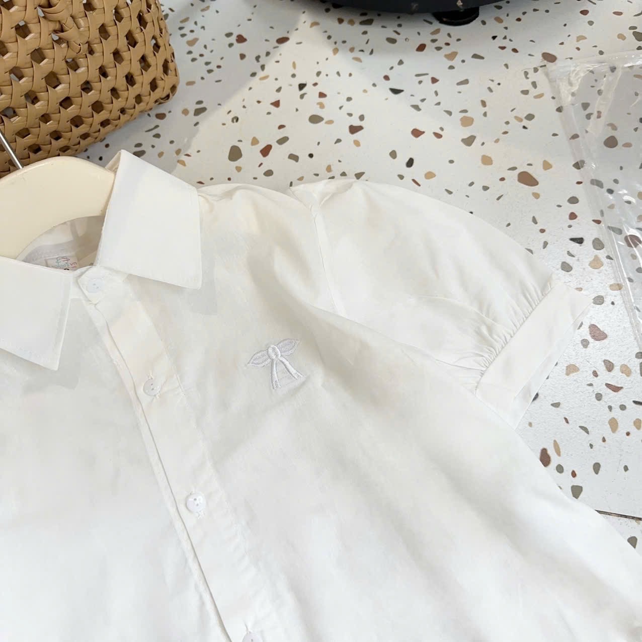 Sét áo sơ mi bèo quần xuông xanh than bé gái