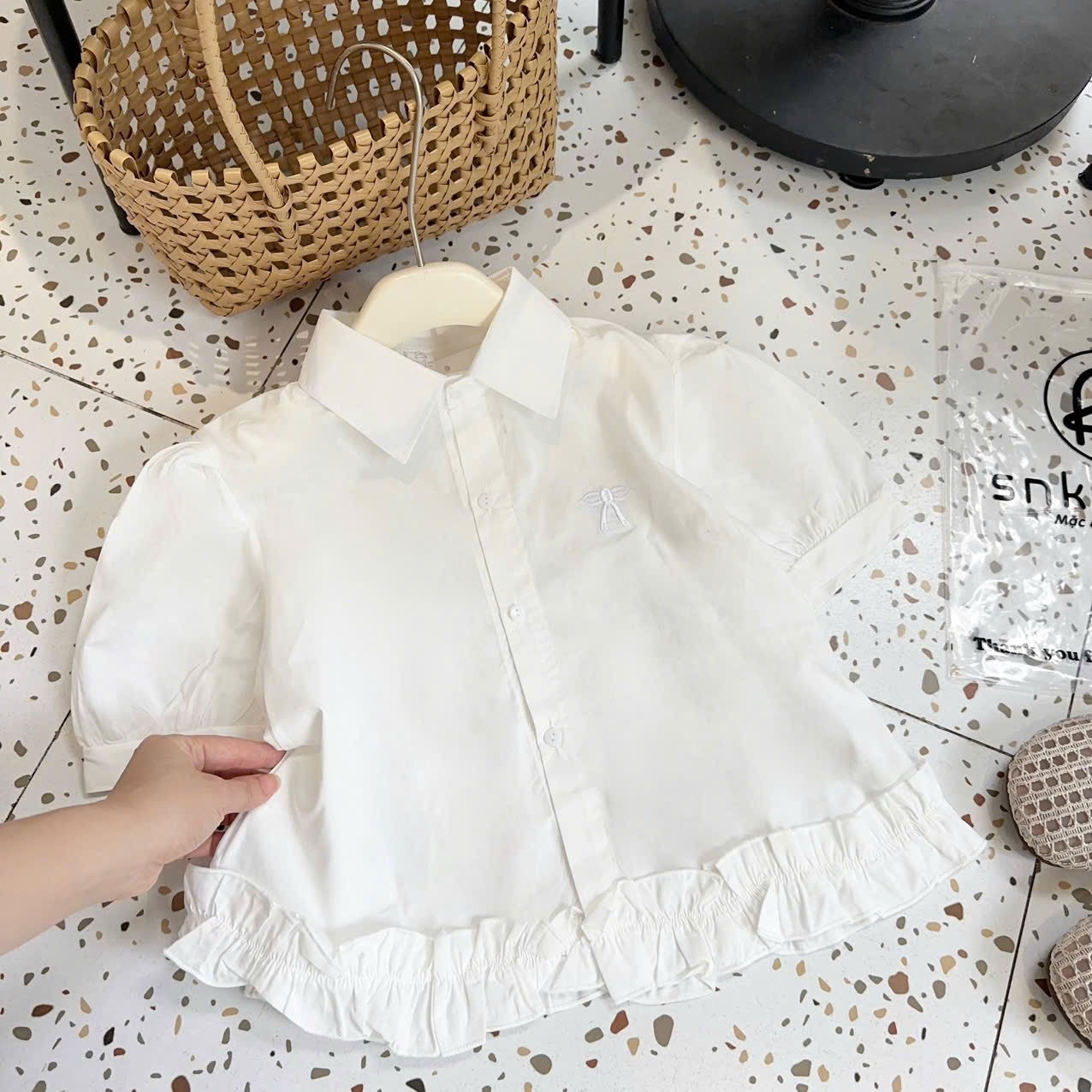 Sét áo sơ mi bèo quần xuông xanh than bé gái