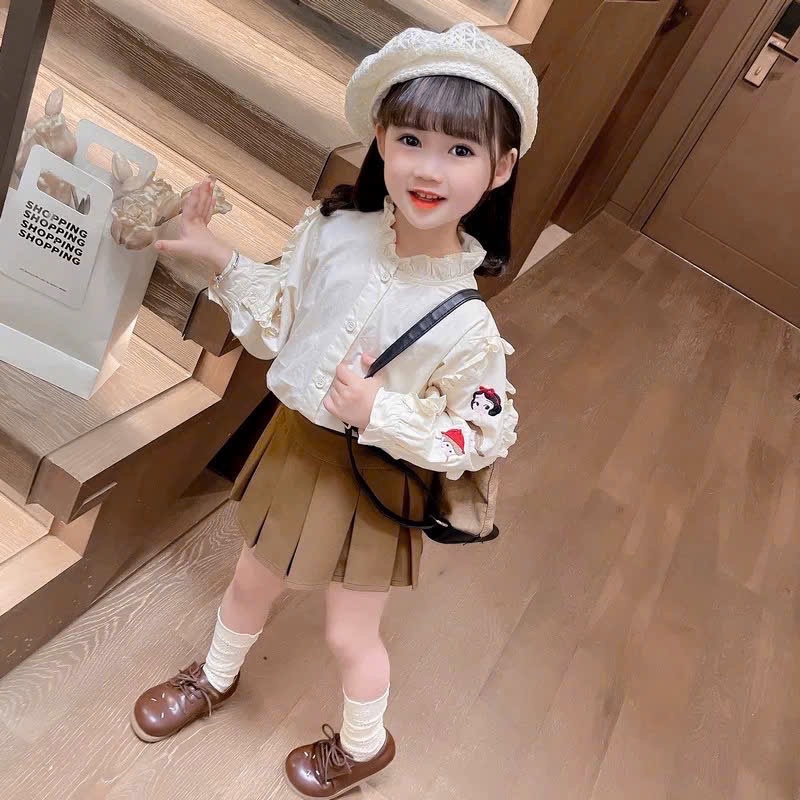 Sét sơ mi hình tay áo cv dập ly nâu bé gái