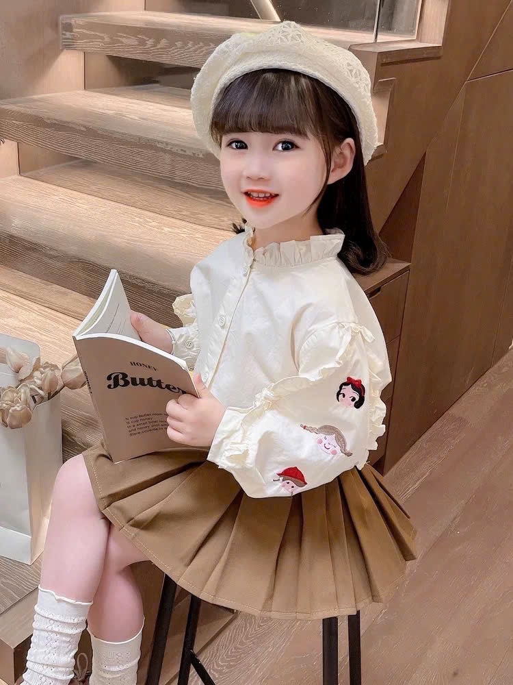 Sét sơ mi hình tay áo cv dập ly nâu bé gái