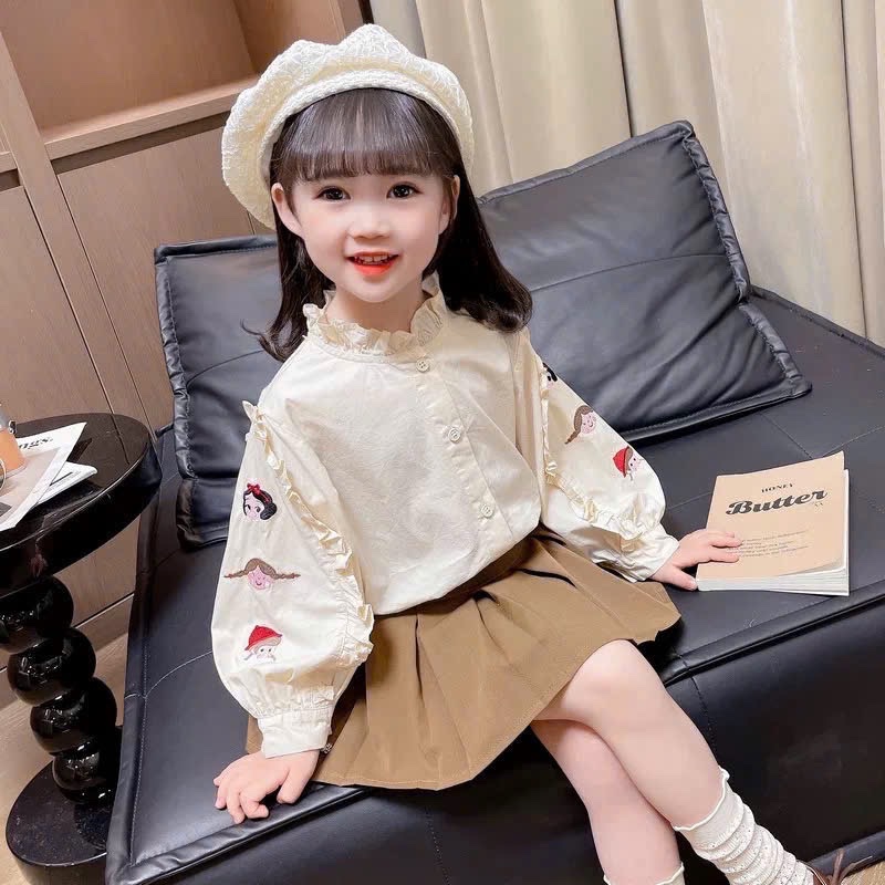 Sét sơ mi hình tay áo cv dập ly nâu bé gái