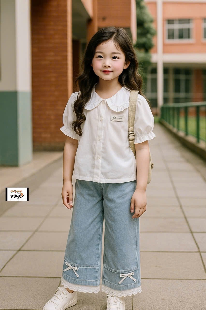 Sét bộ cổ sen quần bò xuông dài bé gái