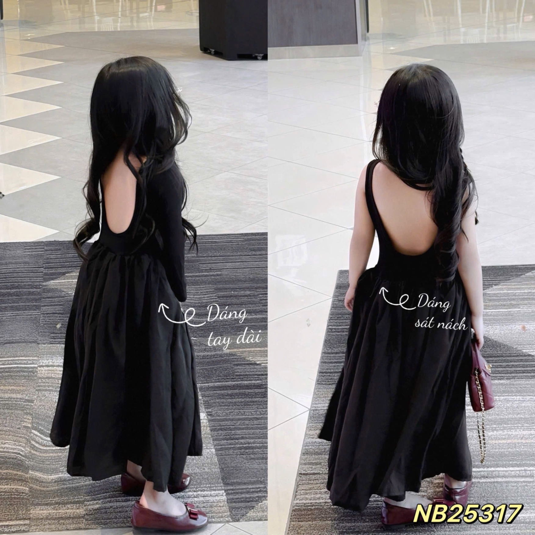 Váy sát nách / dài tay hở lưng bé gái