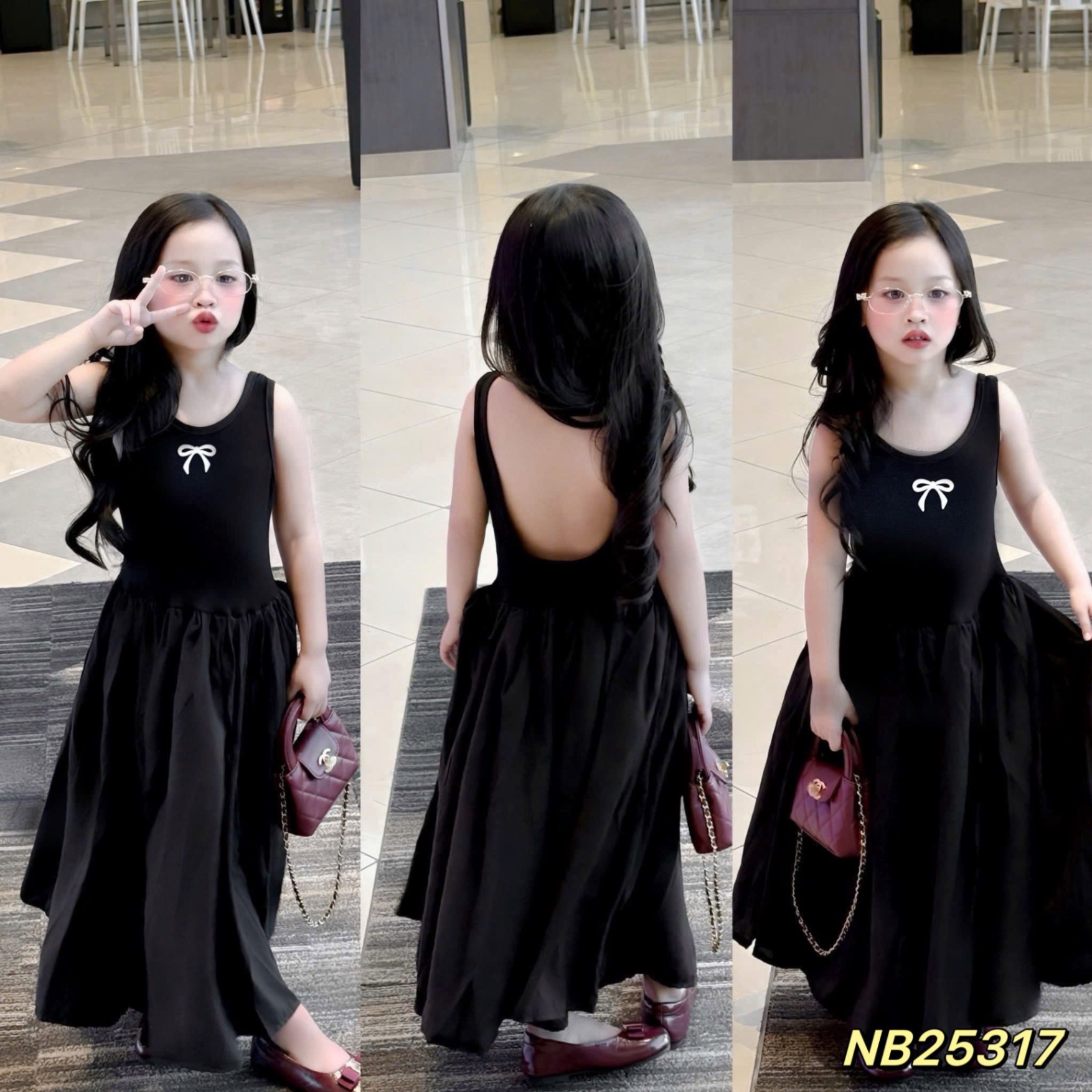 Váy sát nách / dài tay hở lưng bé gái