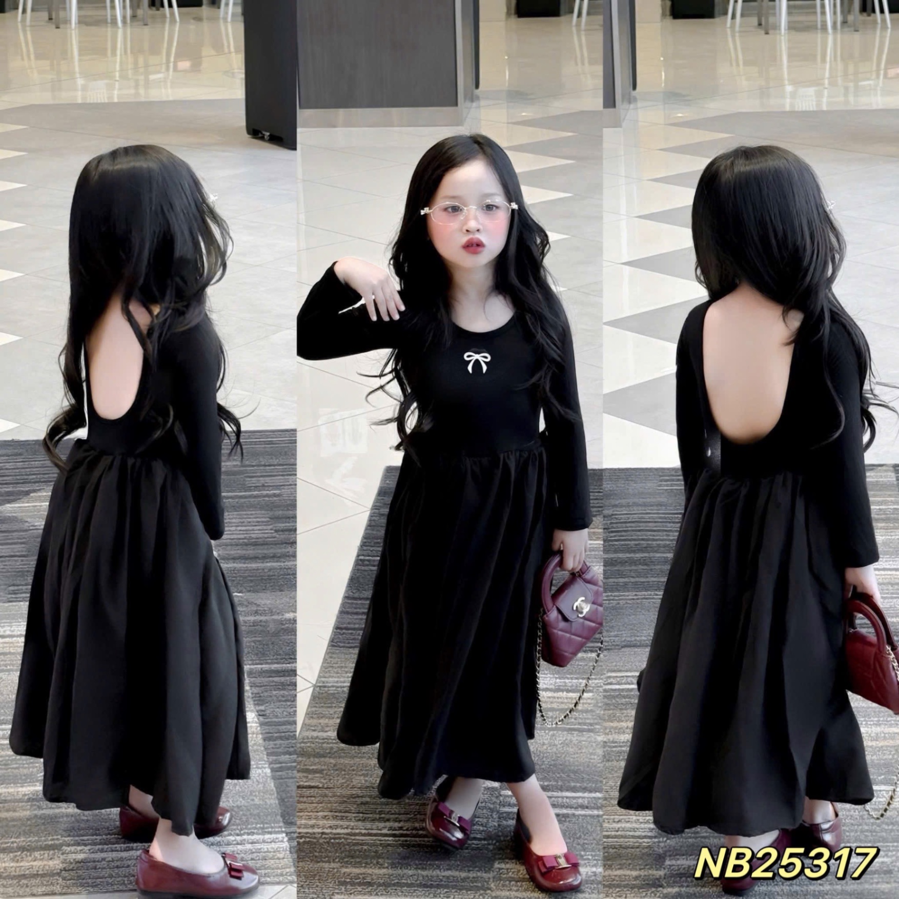 Váy sát nách / dài tay hở lưng bé gái