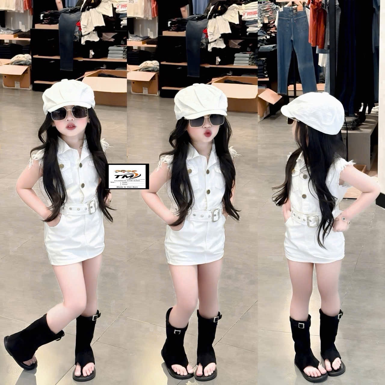 Sét váy kaki trắng đai eo bé gái