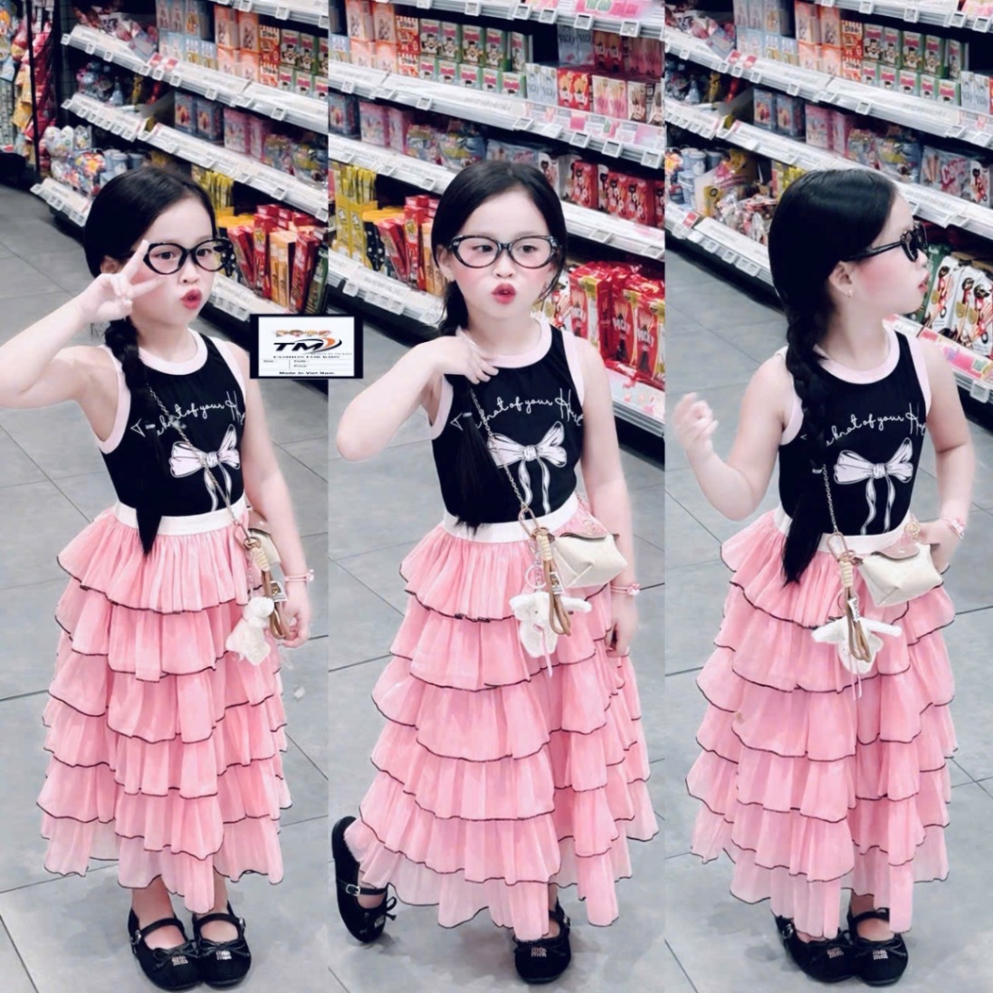 Sét váy hình nơ phối thân tầng tơ óng bé gái