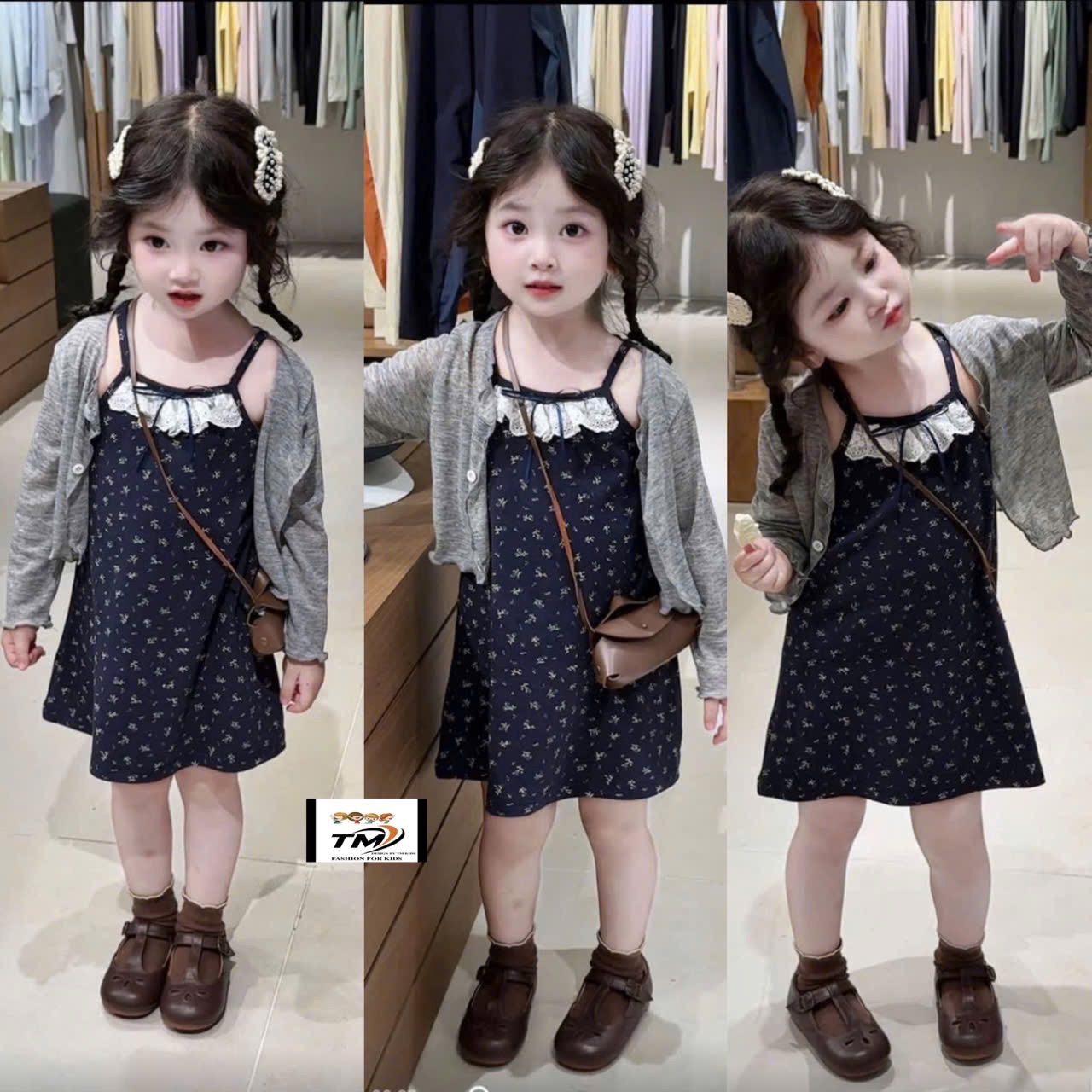 Sét 2 chi tiết váy hoa kè áo ngoài bé gái tm