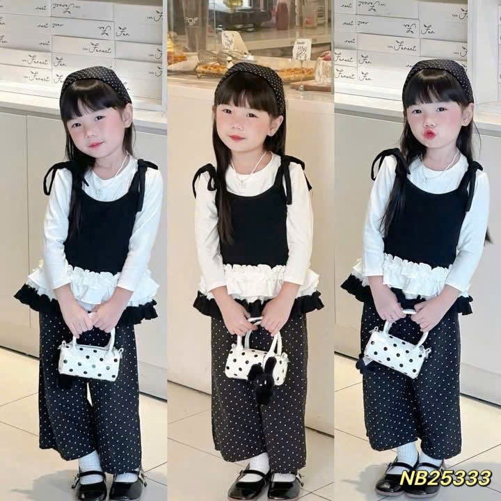 Sét áo phối dây buộc quần bi xuông bé gái 2 màu