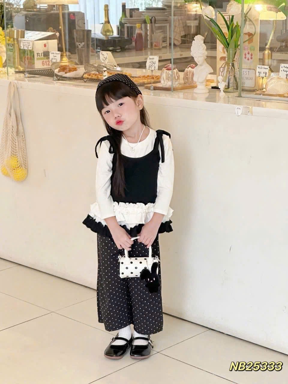 Sét áo phối dây buộc quần bi xuông bé gái 2 màu