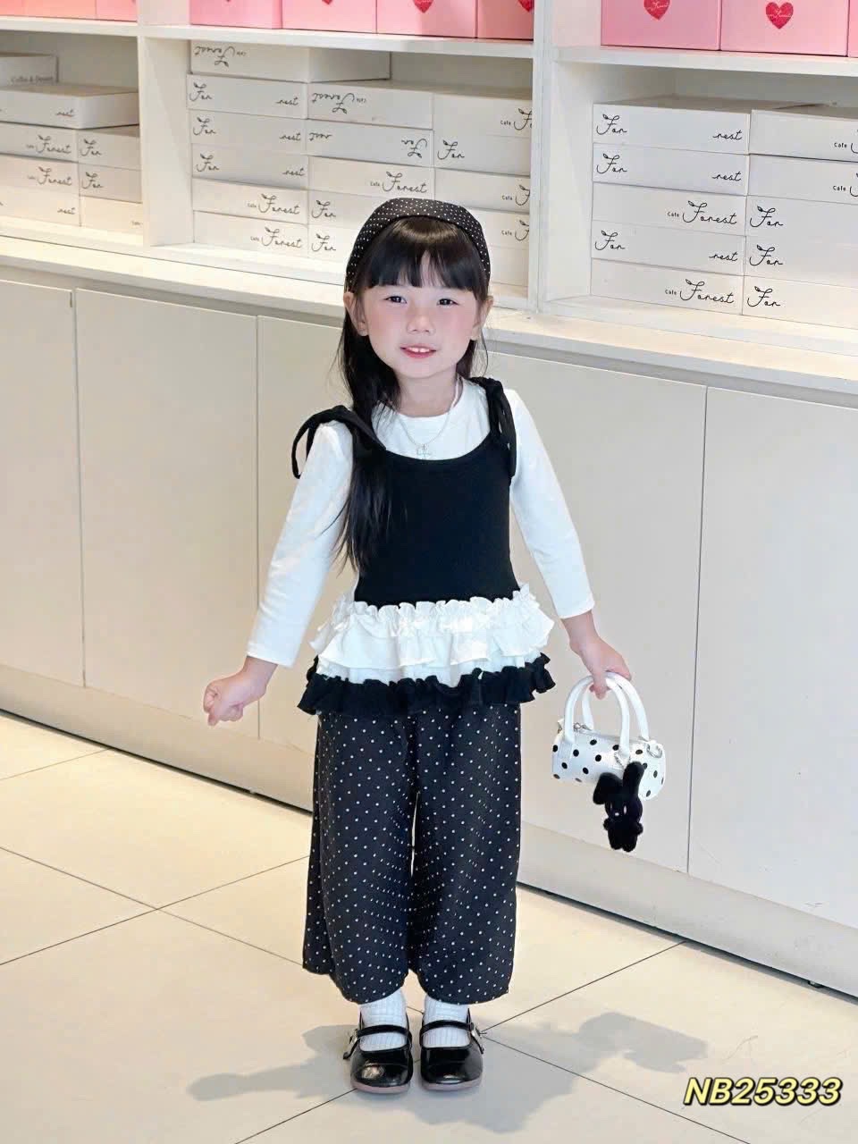 Sét áo phối dây buộc quần bi xuông bé gái 2 màu