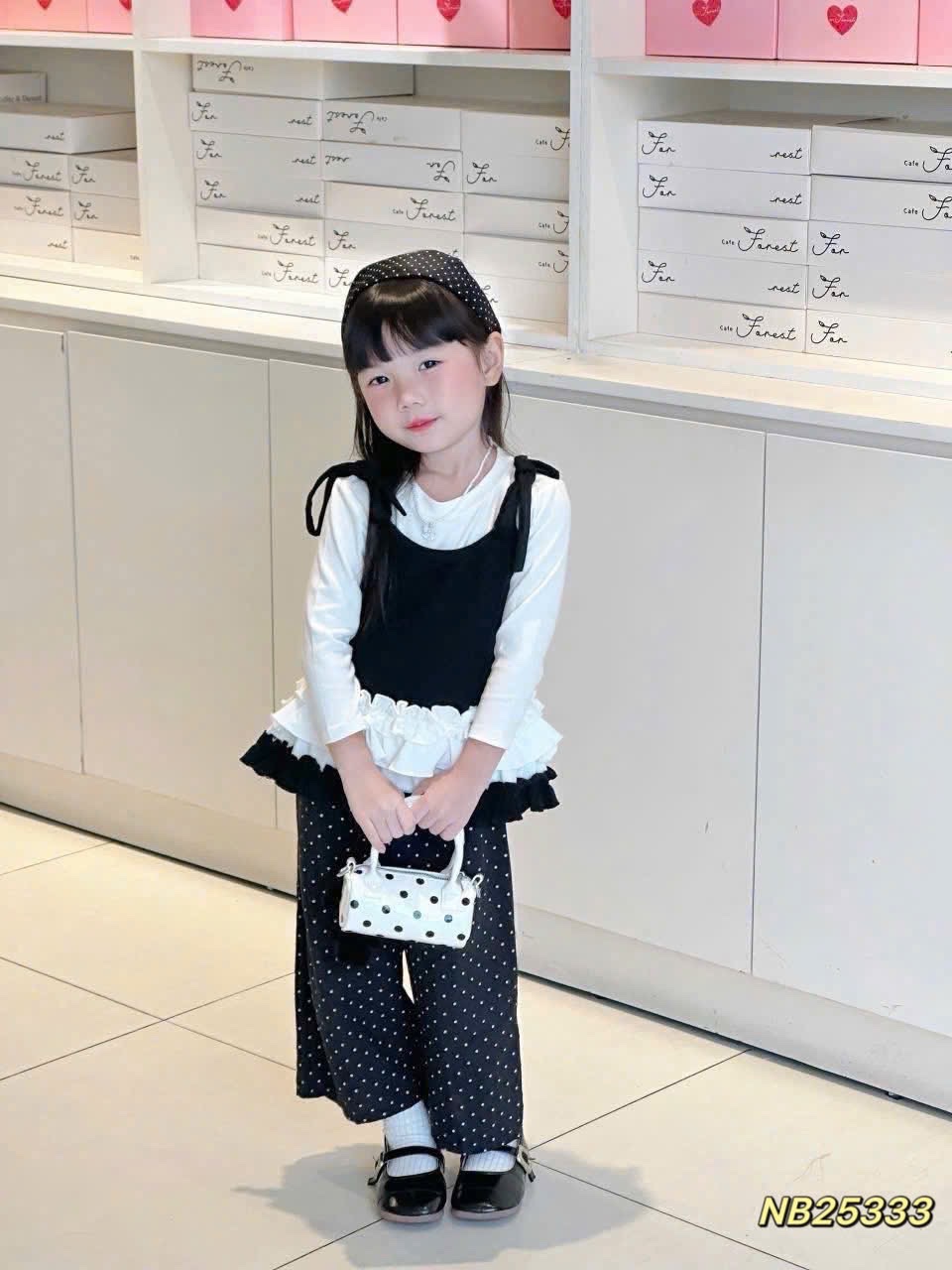 Sét áo phối dây buộc quần bi xuông bé gái 2 màu
