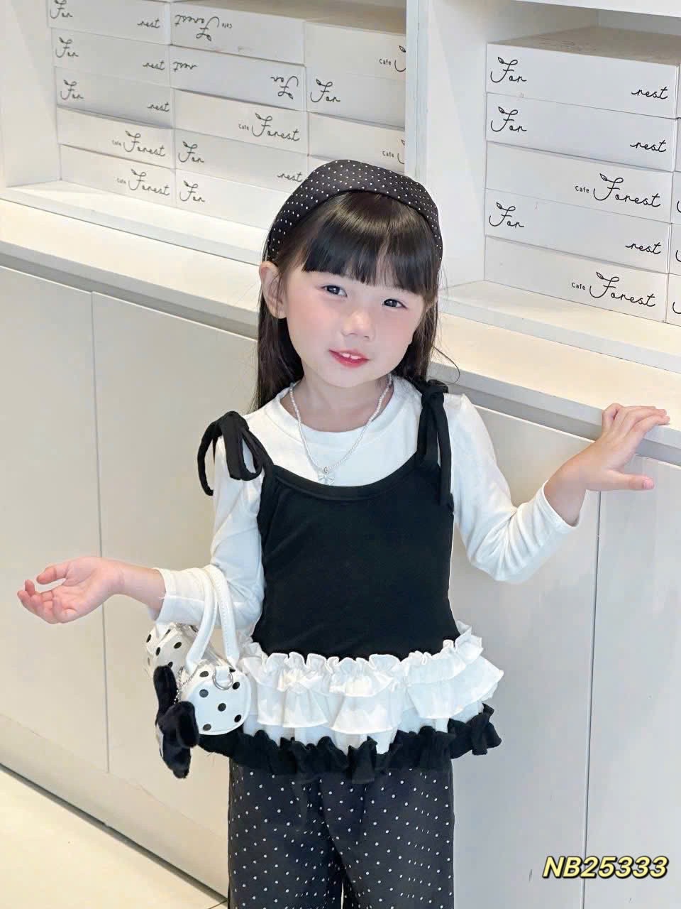 Sét áo phối dây buộc quần bi xuông bé gái 2 màu