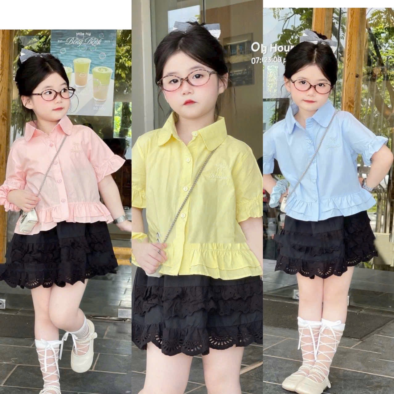 Áo sơ mi cổ sen thân bèo bé gái