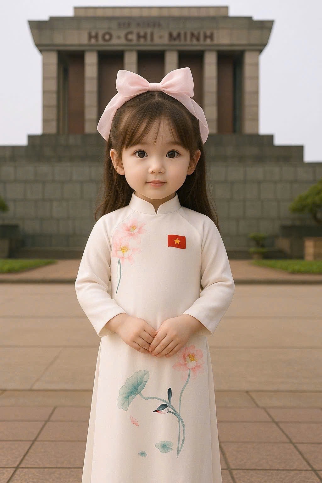 Áo dài lụa kèm cài huy hiệu và khăn bé gái