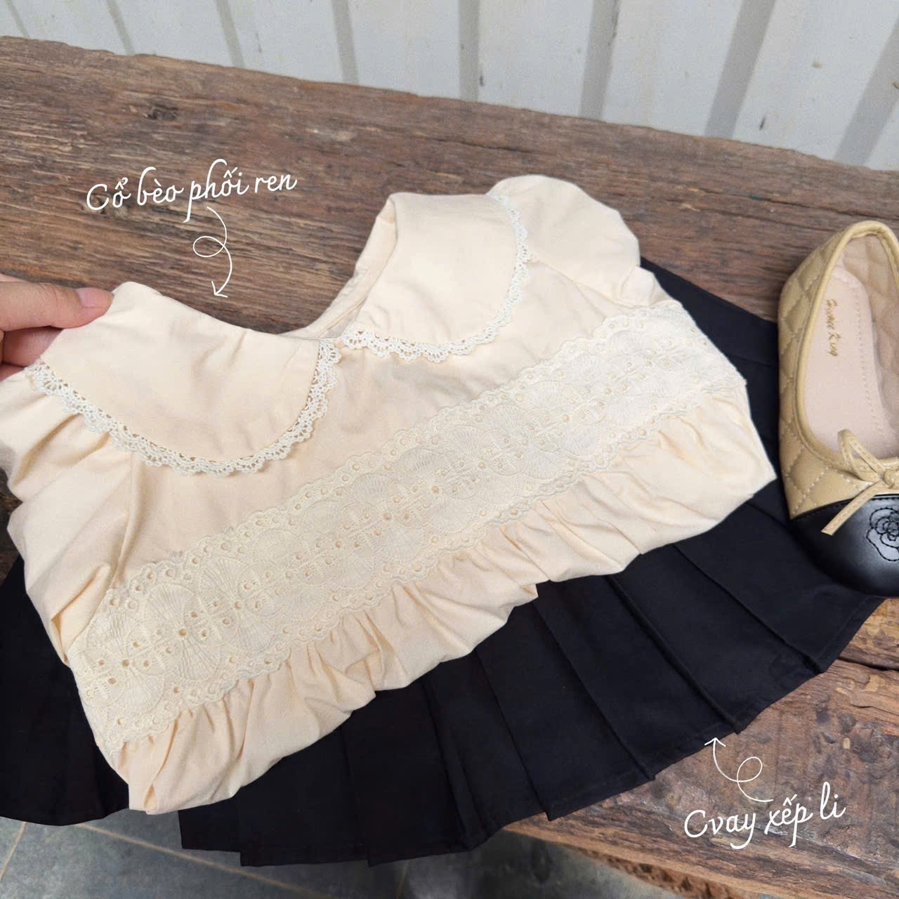 Sét áo babydoll dài tay cv đen bé gái