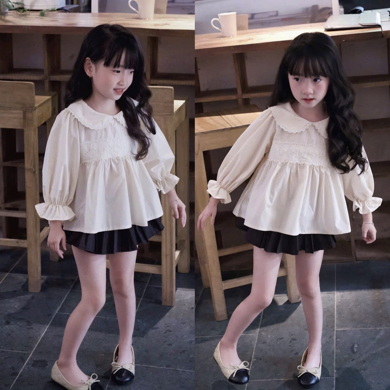 Sét áo babydoll dài tay cv đen bé gái