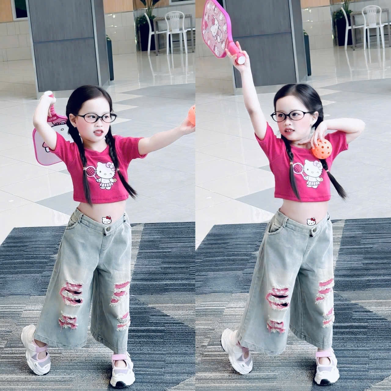 Sét áo croptop kitty hồng quần bò bé gái