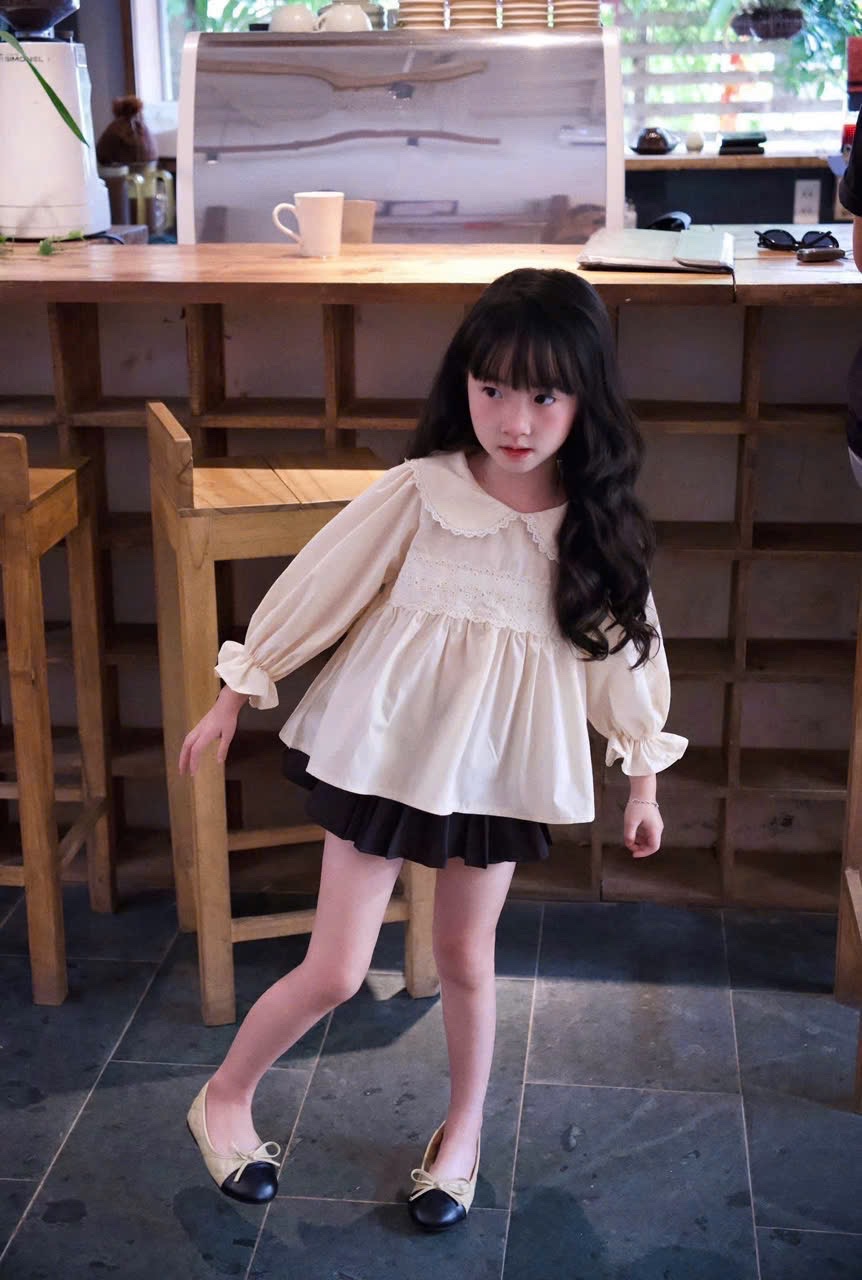 Sét áo babydoll dài tay cv đen bé gái