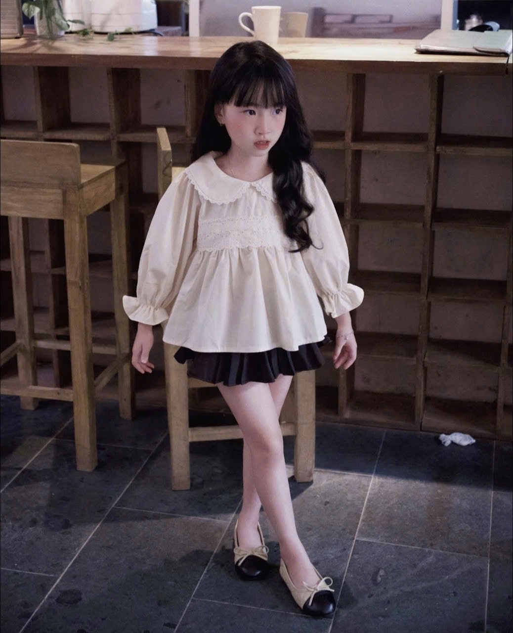 Sét áo babydoll dài tay cv đen bé gái