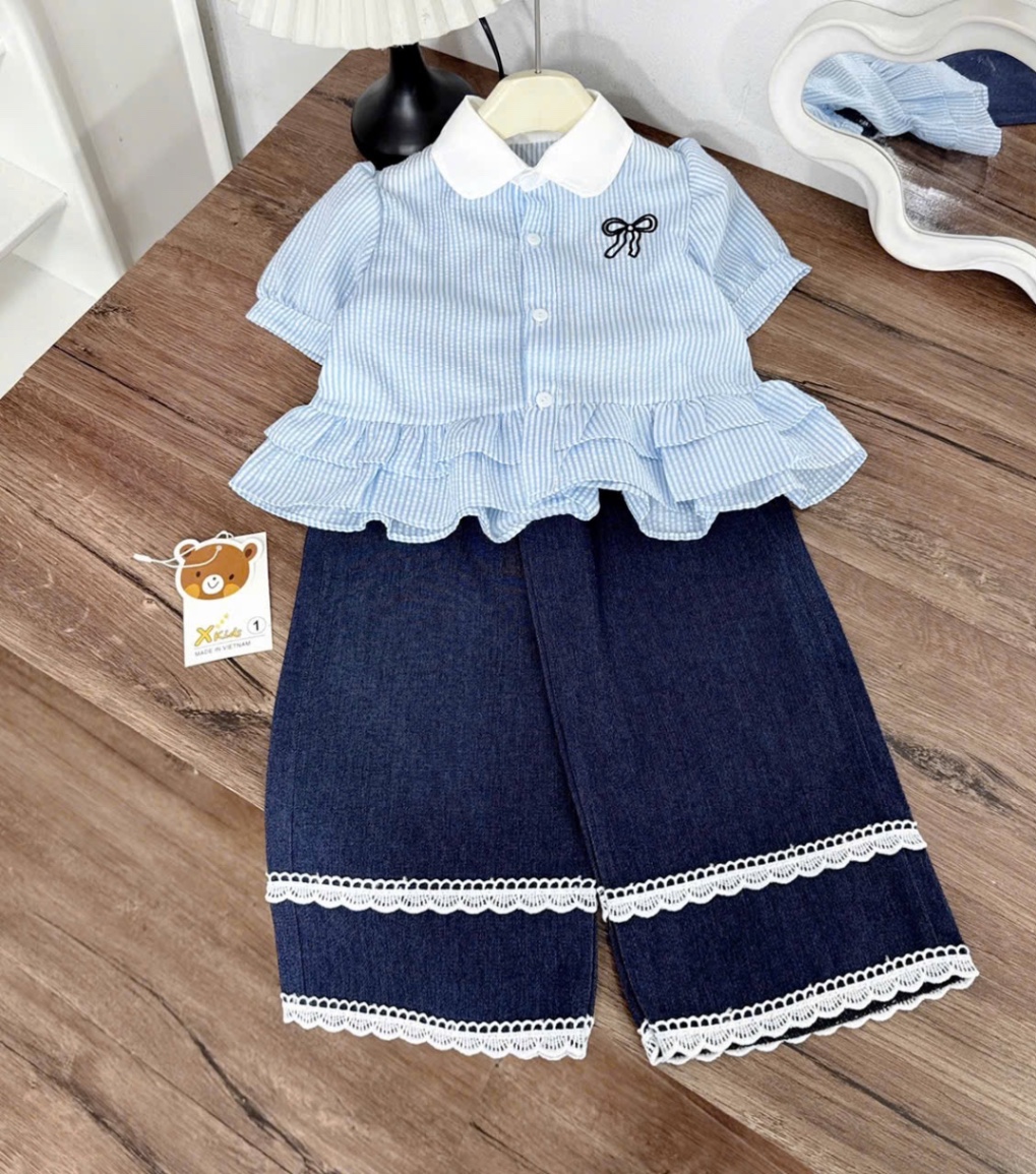 Sét áo sơ mi kẻ hồng xah hình nơ quần bò xuông bé gái