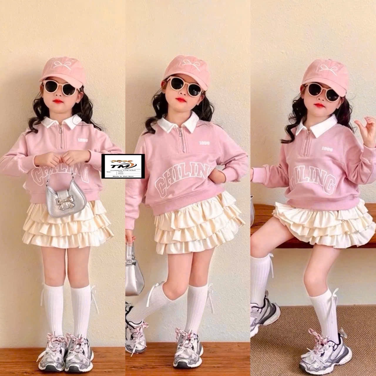 Sét áo nỉ hồng cv tầng kem bé gái