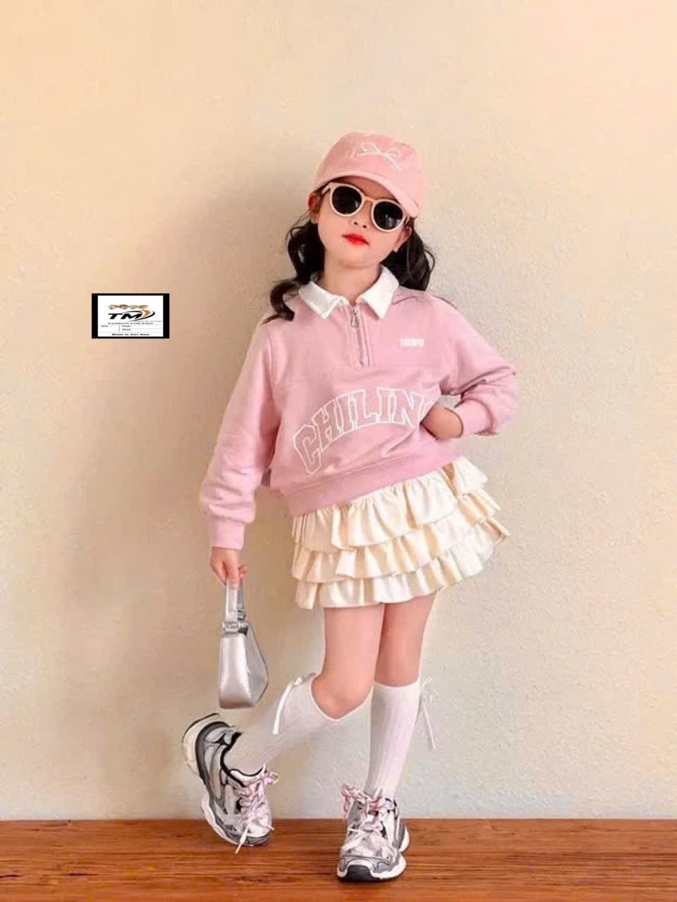 Sét áo nỉ hồng cv tầng kem bé gái