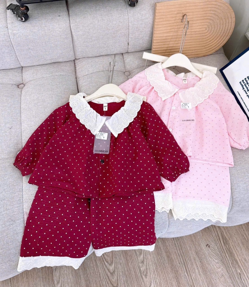 Sét bộ pzm cổ ren trắng dài tay bé gái