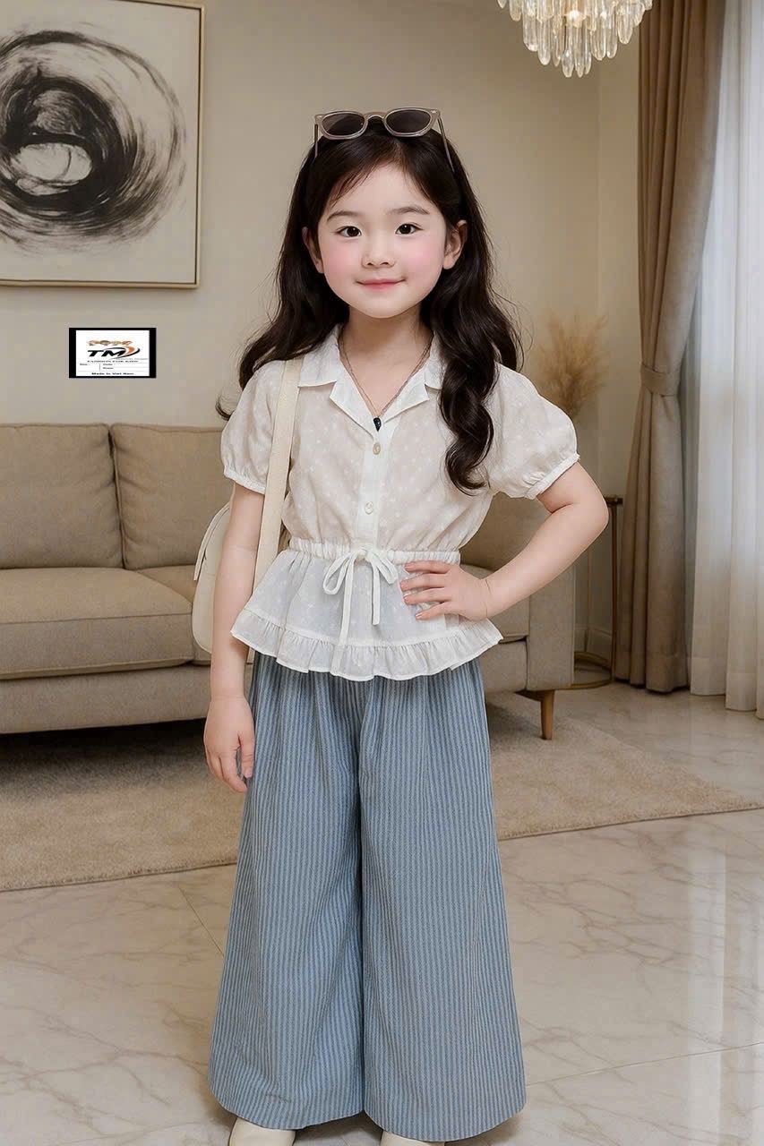 Sét áo trắng dây eo quần xuông sọc kẻ bé gái