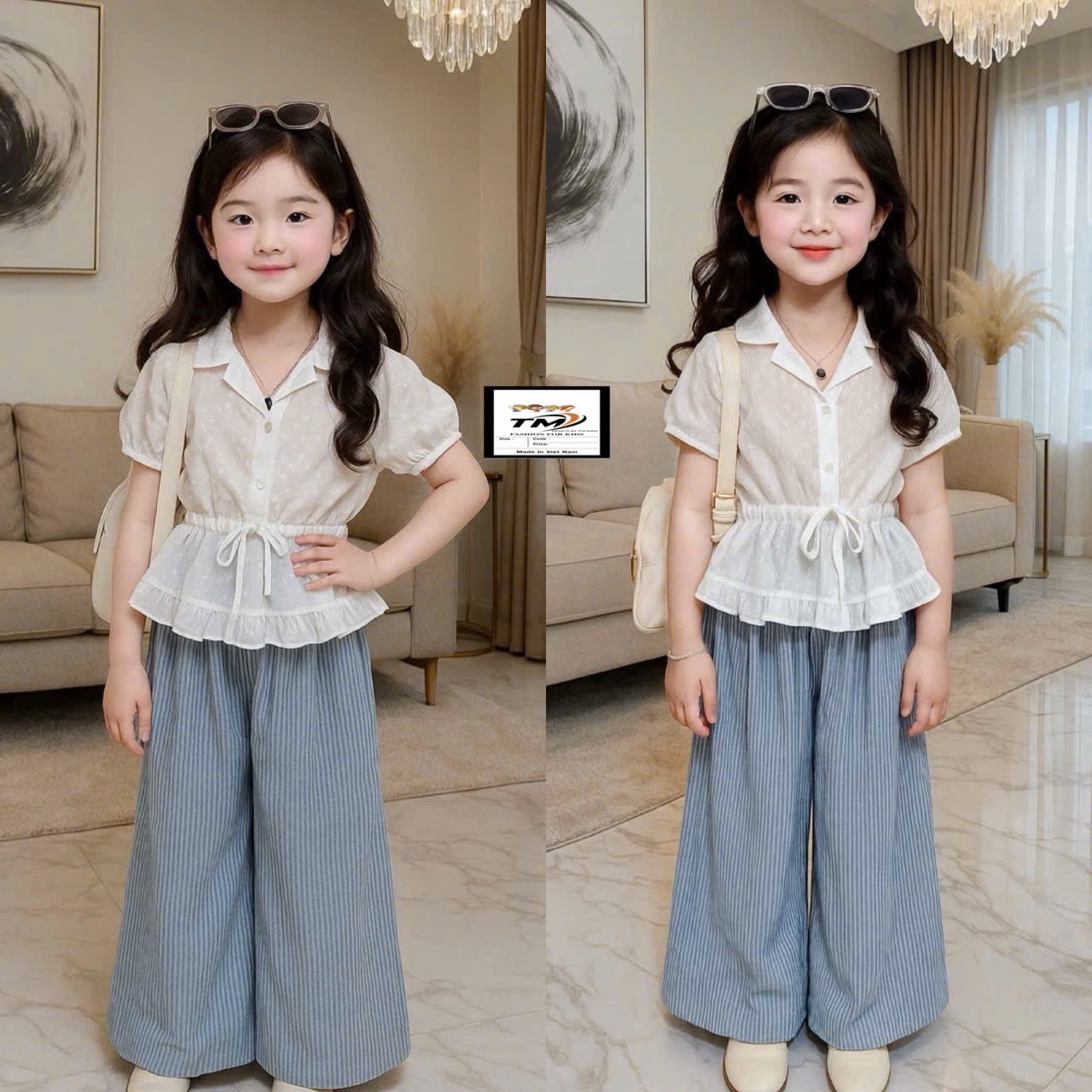 Sét áo trắng dây eo quần xuông sọc kẻ bé gái