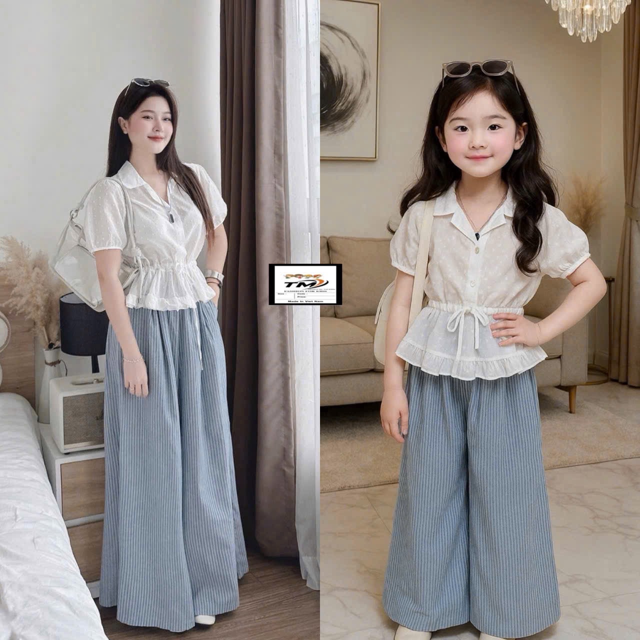 Sét áo trắng dây eo quần xuông sọc kẻ bé gái