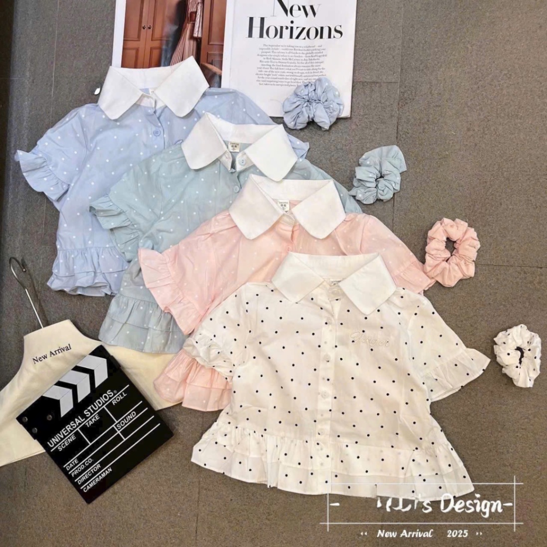 áo sơ mi chấm bi cổ trắng bé gái