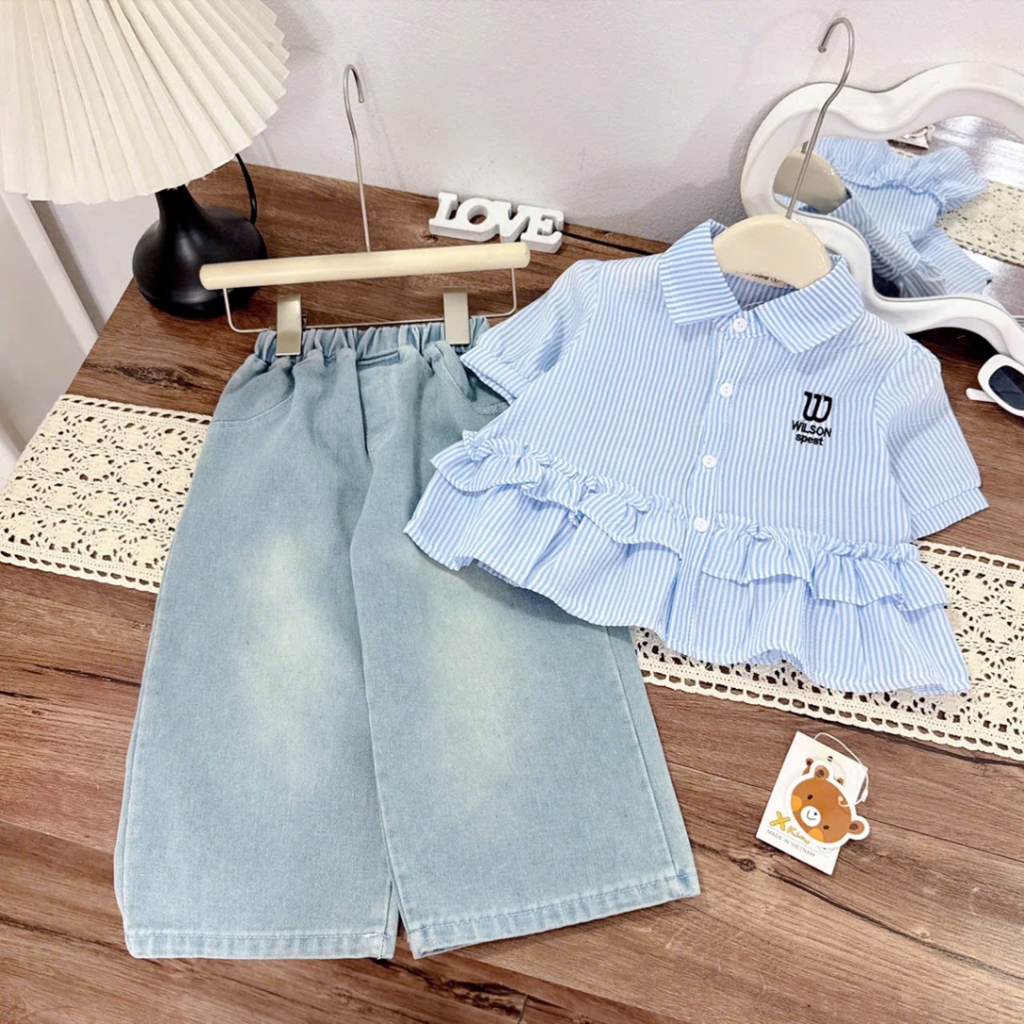 Sét sơ mi sọc w quần bò xuông bé gái