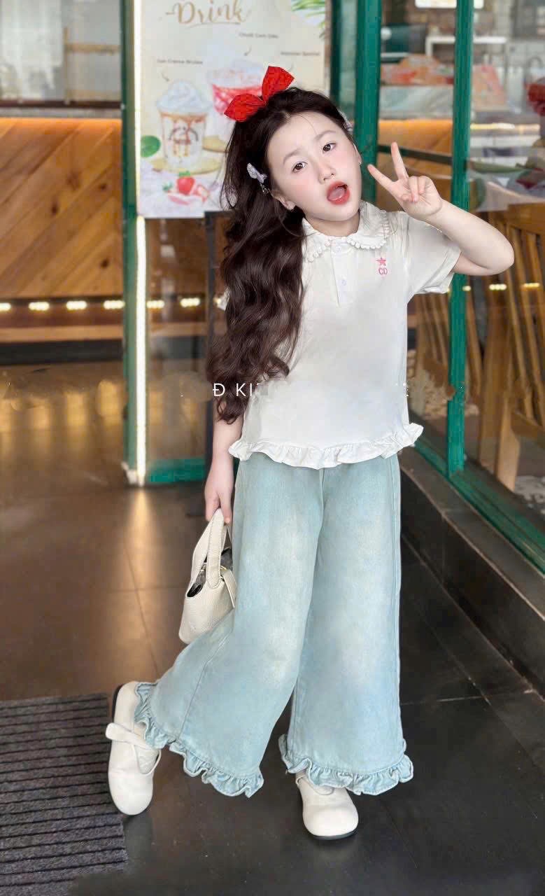 Sét áo chữ CD quần bò gấu bèo bé gái