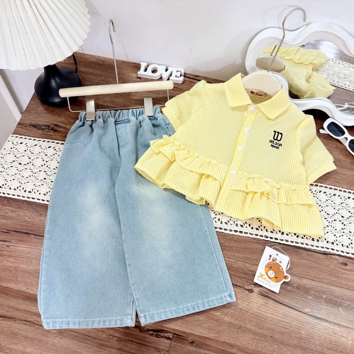 Sét sơ mi sọc w quần bò xuông bé gái