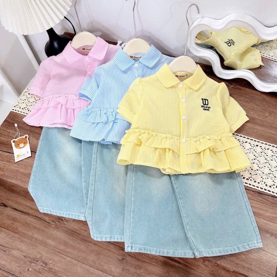 Sét sơ mi sọc w quần bò xuông bé gái