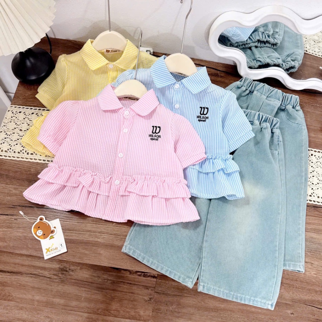 Sét sơ mi sọc w quần bò xuông bé gái