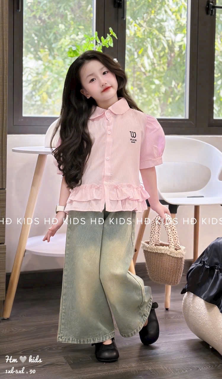 Sét sơ mi sọc w quần bò xuông bé gái